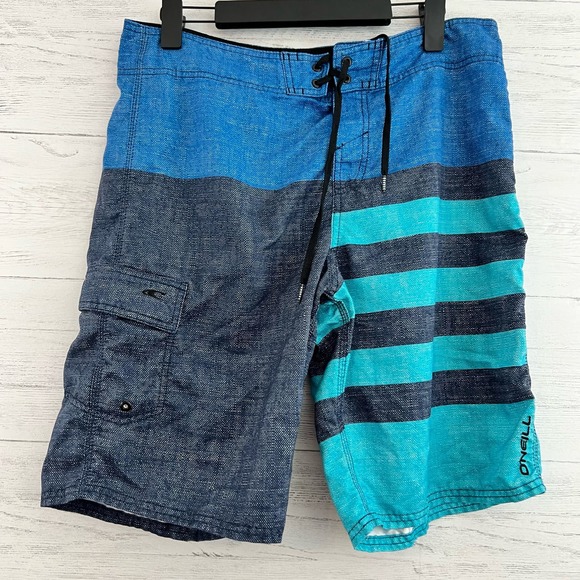 O'Neill Blue and Gray Striped Boardshorts Size 34 - Picture 1 of 6